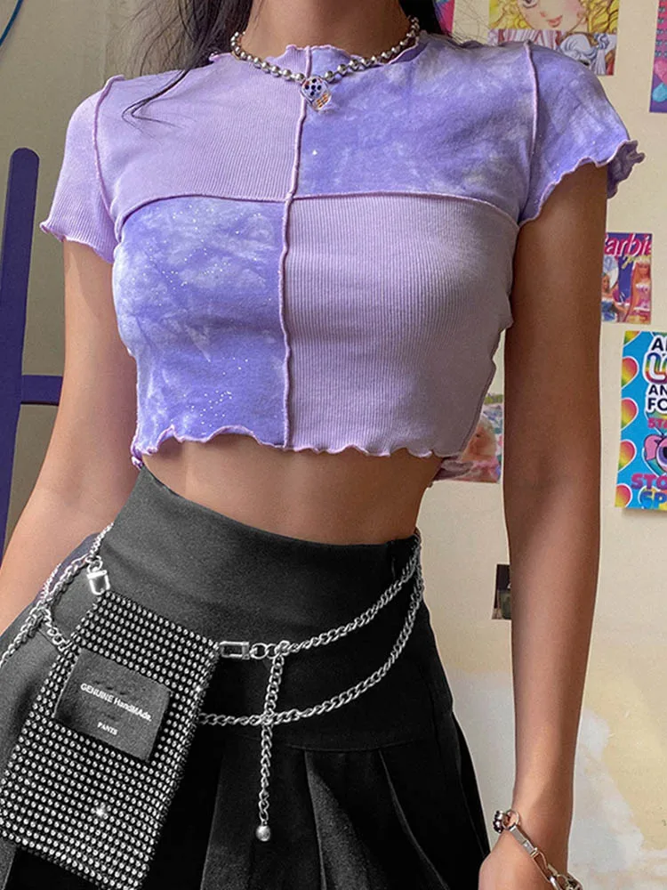 

T-shirts Tops Purple Chic Dye Tees Clothes Ruffles Tie Crop Sequin Women With Hem Patchwork Summer Or Bule