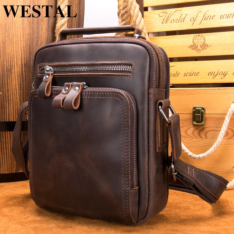 Westal Crazy Horse leather shoulder bag for men vintage leather handbags men's leather designer bag purse for iPad 6014