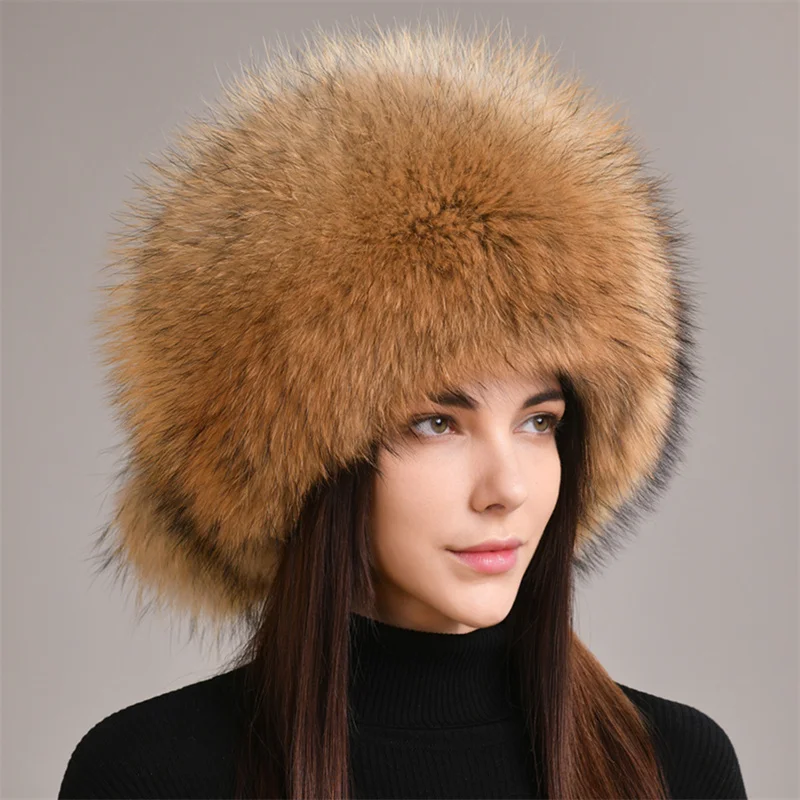 2022 100% Real Fox Fur Hats Women's Russian Ushanka Aviator Trapper Snow Skiing Hat Caps Earflap Winter Raccoon Fur Bomber Hat