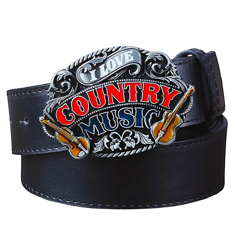 I Love Country Music Fashion Belt Metal Buckle Badge American Folk Music Singer Steel String Guitar West Story Cowboy Style