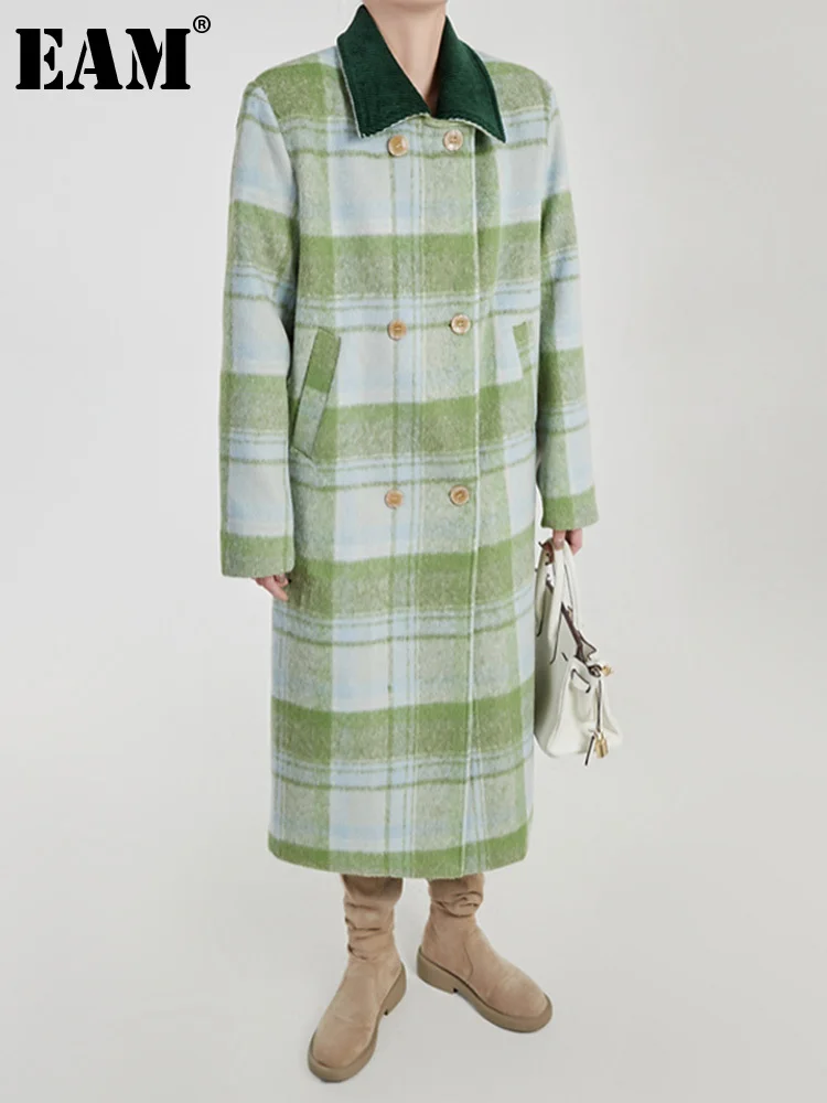 

[EAM] Loose Fit Green Plaid Big Size Casual Woolen Coat Parkas New Long Sleeve Women Fashion Tide Autumn Winter 2023 1DF4115
