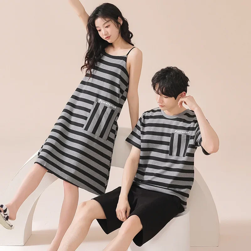 Парные хлопковые полосатые пижамы с короткими рукавами весна-лето домашняя