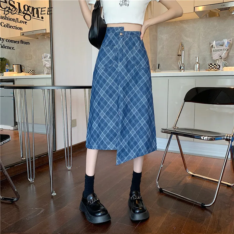 

Denim Skirts Women Plaid Asymmetrical Design Chic Casual French Style Female All-match Streetwear Daily High Waist Summer Simple