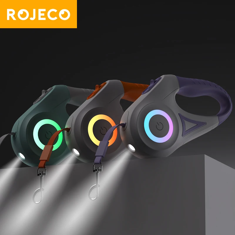 

Выдвижной Поводок ROJECO для собак, автоматическая люминесцентная подсветка для собак и щенков, регулируемый поводок для прогулок и бега, свет...