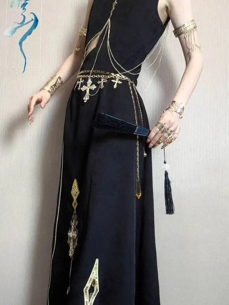 Фото Новый китайский стиль фиеста карнавал Хэллоуин Cos косплей Oc черное золото Cheongsam топы меховая шаль черный №2