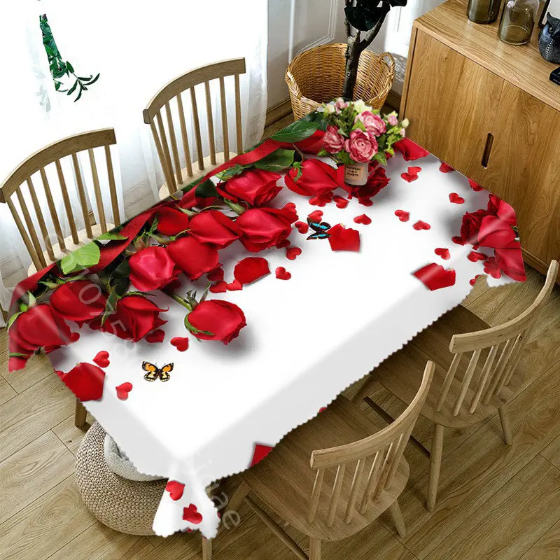 

Red Rose Table Cloth Waterproof Flower Plant Pattern Tablecloth Rectangular Kitchen Table Cover Home Party Wedding Decoration