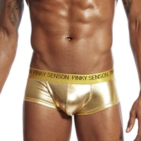 mens imitation leather boxer bright gold crotchless shorts sexy large bulge pouch underpant male boxershorts clubwear man a50