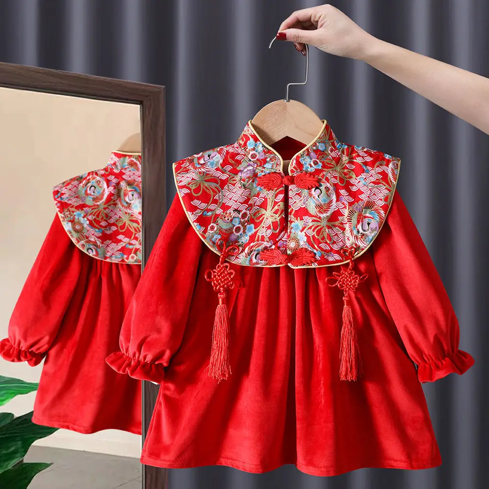 

Kids Winter Chinese Style Hanfu Children Thick Red Festival New Year Clothing Flower Print Oriental Traditional Costume Girls