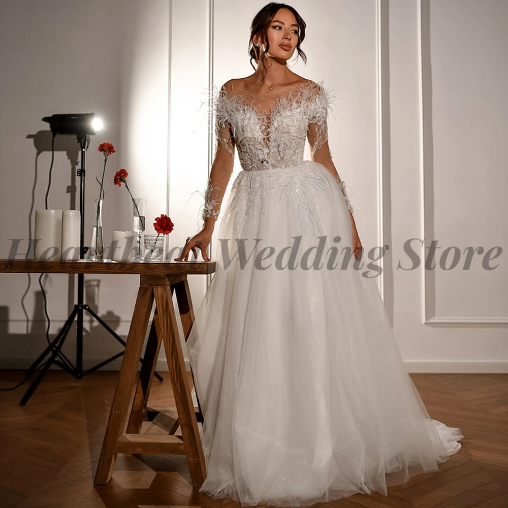 

2023 Exquisite Wedding Dress A-Line with Off-The-Shoulder V-Neck Backless Court Train and Applique Sequins Beads Feathers Ladies