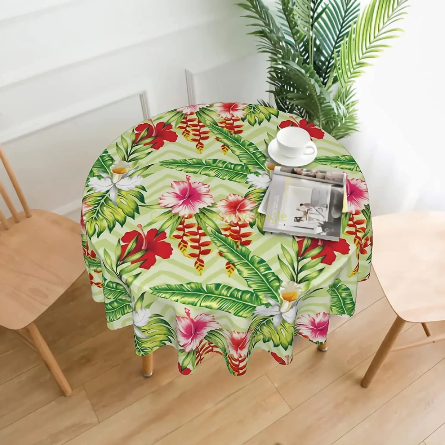 

Tropical Palm Leaves Tablecloth 60 Inch Round Hibiscus Flowers Tablecloths Washable Hawaiian Farmhouse Table Cloth