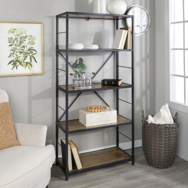 

River Street Designs 60" Rustic Metal and Wood Media Bookshelf Bookcase