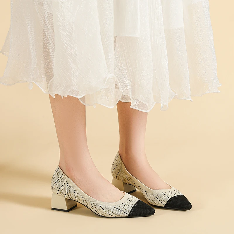 Женские классические туфли DIMANYU вязаные с острым носком на блочном каблуке