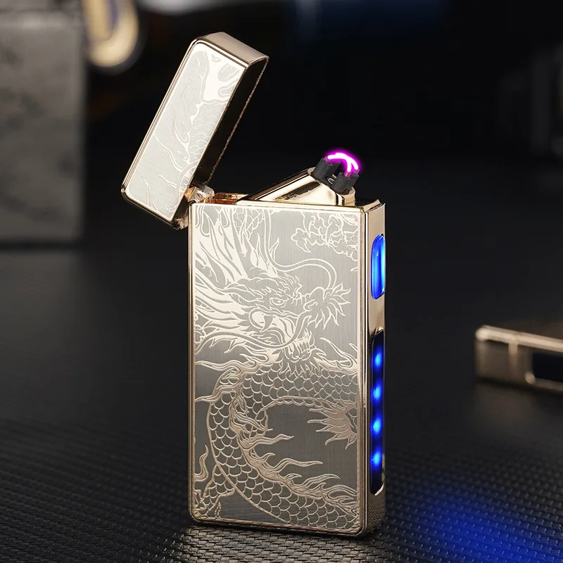 Фото Электрическая металлическая зажигалка с двойной дугой, USB ветрозащитная беспламенная плазменная зажигалка, аксессуары для сигарет, светодиодный дисплей мощности, мужские гаджеты №2
