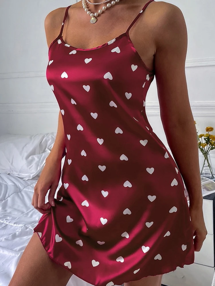 Heart Print Nightgown Chemise Sleepwear Short Nightdress Summer Sexy Spaghetti Sling Homewear Satin Sleeveless Female Nightwear