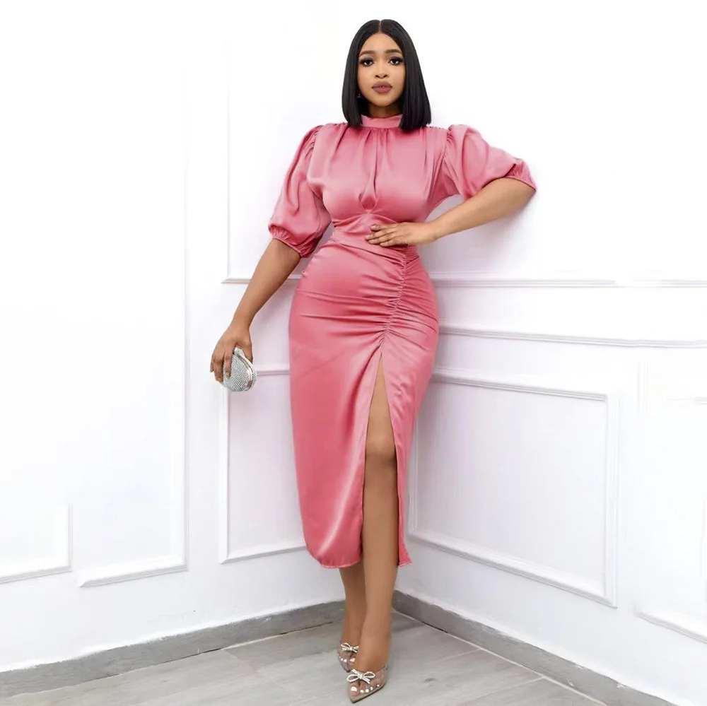 

Elegant Autumn Plus Size Simulation Silk Slit Bag Hip Dress Women Fashion Temperament Commuter Female