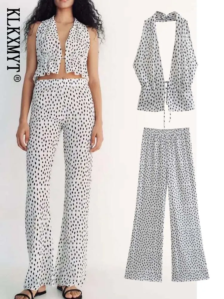 

Summer Women 2 Pieces Pants Sets 2022 Fashion Dot Print Halter Backless Tops+Straight Trousers Causal Women Suits