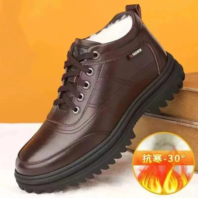 

Мужские кожаные туфли из 2023 хлопка, зимняя теплая Повседневная обувь на толстой подошве с утолщенным ворсом для мужчин среднего возраста, высокие мужские туфли