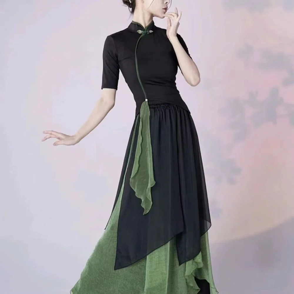 Зеленая черная танцевальная одежда Сказочная костюм китайского Классического