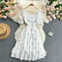 white embroidery floral jacquard puff sleeve party dress women 2021 elegant ladies square neck slim lace hollow out full dress