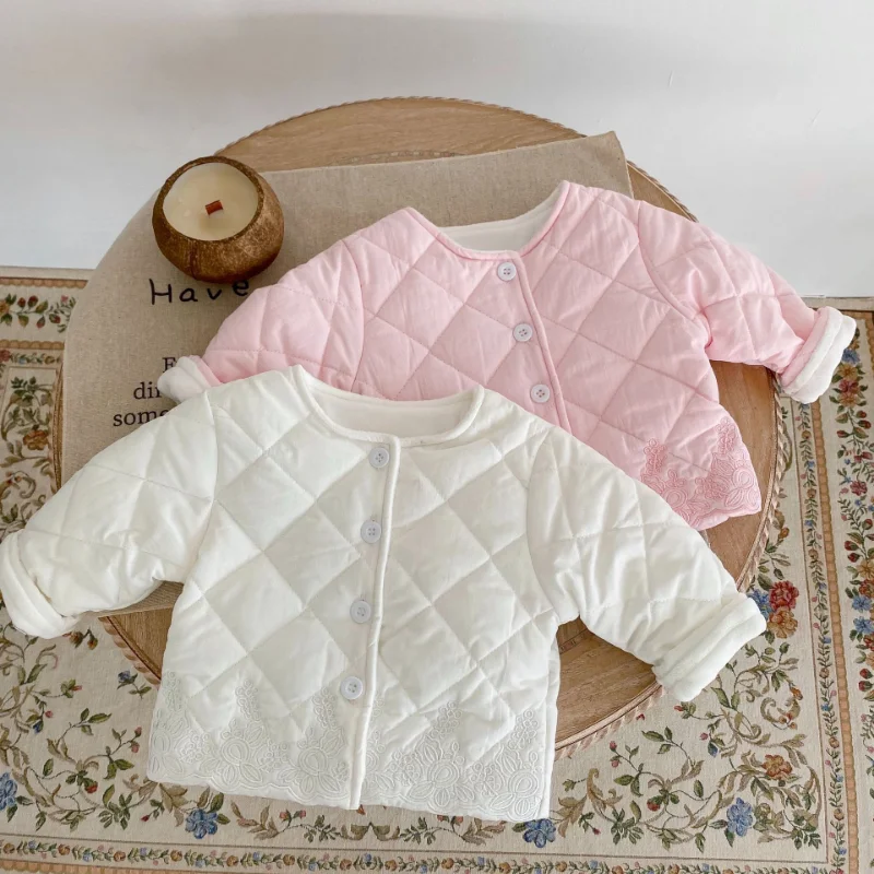 Winter Girls Long Sleeve Padded Jacket New Baby Warm Coat Solid  Princess Infant Thicken Cardigan Children Plus Velvet Coat