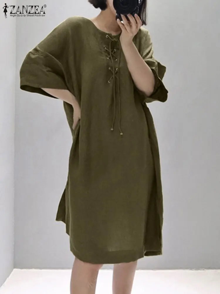 

Платье ZANZEA женское хлопковое с коротким рукавом, повседневный мешковатый Сарафан до колен на шнуровке, большие размеры, лето 2023
