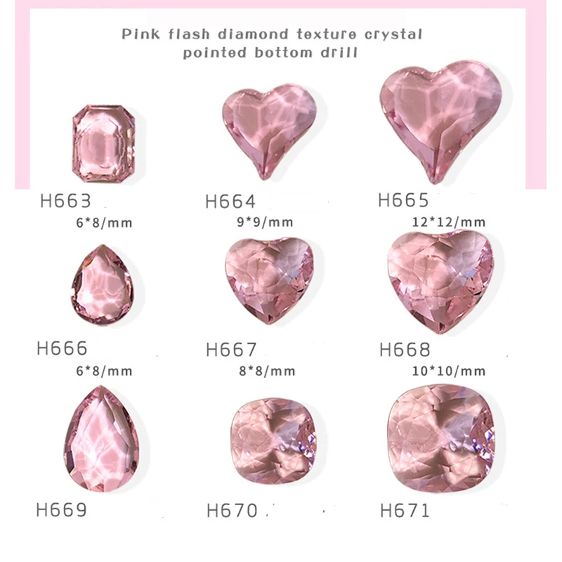 

8*12mm Pink Pointed Bottom Crooked Nail Art Rhinestone,love Heart/Square/Oval Shape 3D Crystal Stones,3D Big Crooked Nail Gem
