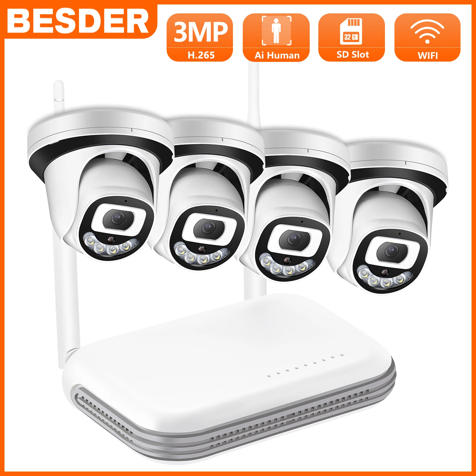 BESDER 8CH Mini NVR Equipped 3MP HD WiFi Camera HDD CCTV Sec