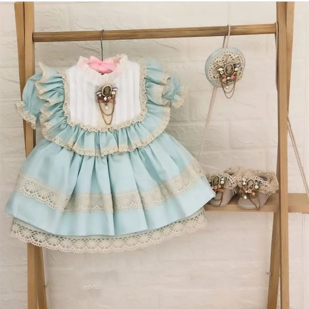 

1-12Y Baby Girl Green Lace Vintage Spanish Turkish Ball Gown Princess Dress for Birthday Christmas Eid