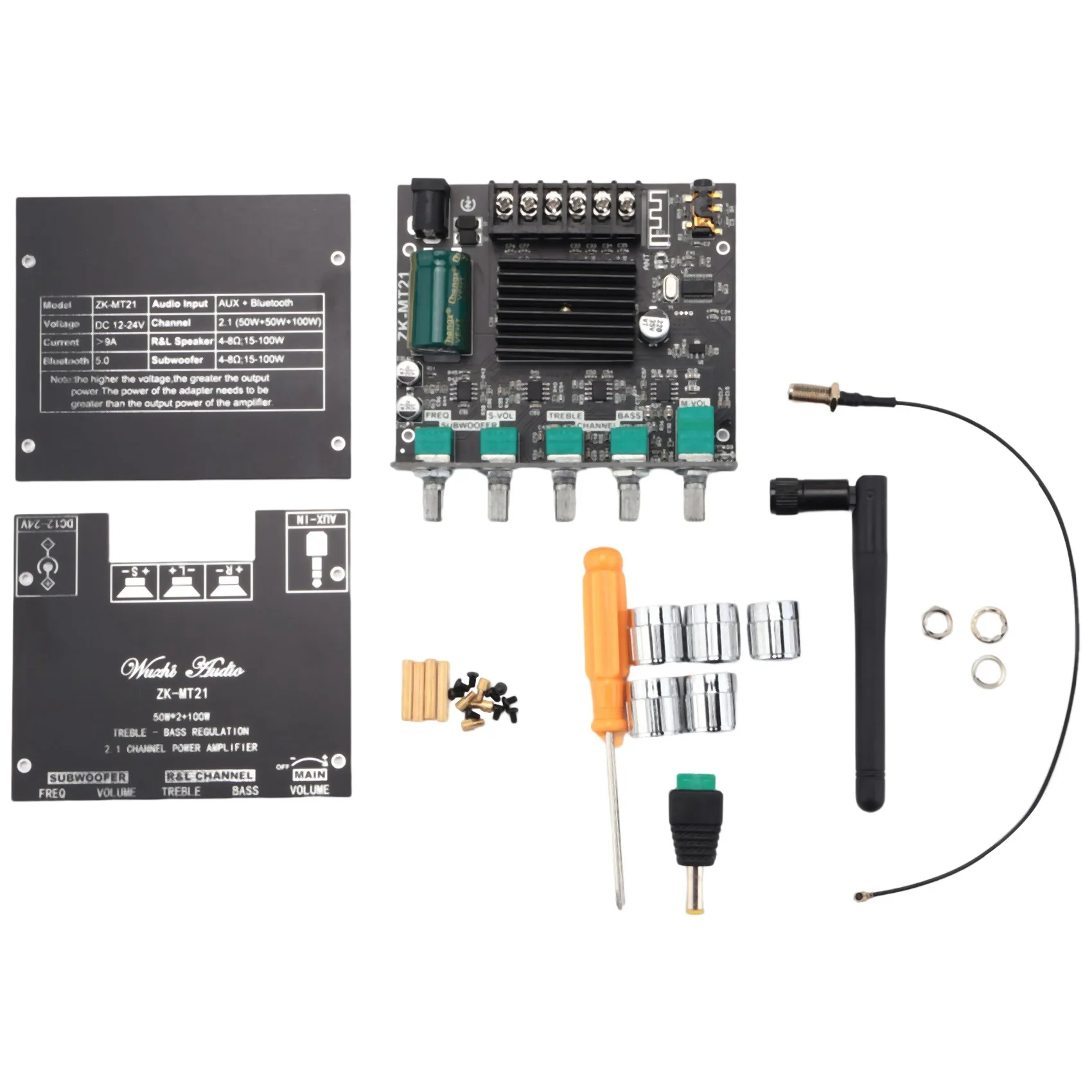 

ZK-MT21 Bluetooth Amplifier Board 2.1 2X50W+100W Audio Power Amplifier Module Bass and Treble Control with Antenna