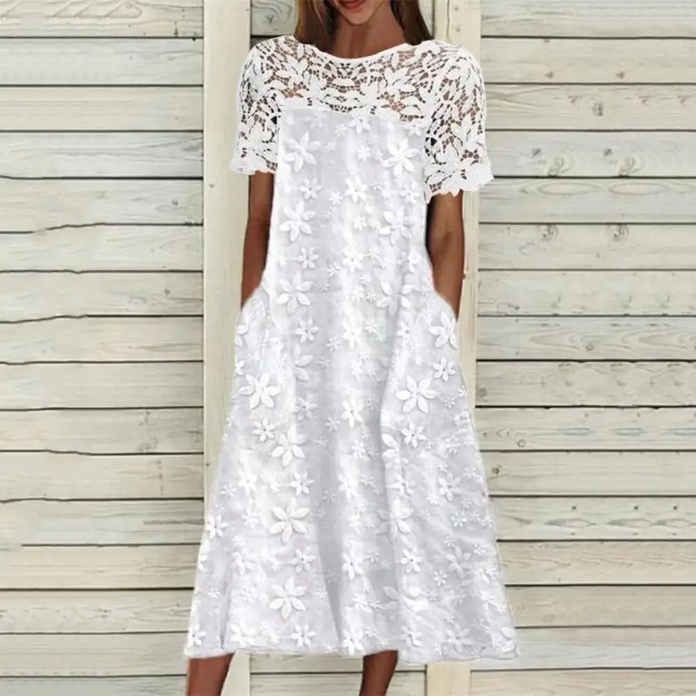 

Women Dress Lace Stitching Pullover Round Collar Summer OutdoorShort Sleeves Embroidery Flower Midi Streetwear Costume vestidos