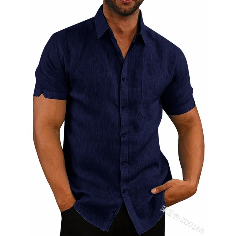 Summer Shirt Top Men Pocket Patchwork Stand Collar Shirt Men Short Sleeve Loose Cardigan Single-Breasted Turn-down Collar Shirt