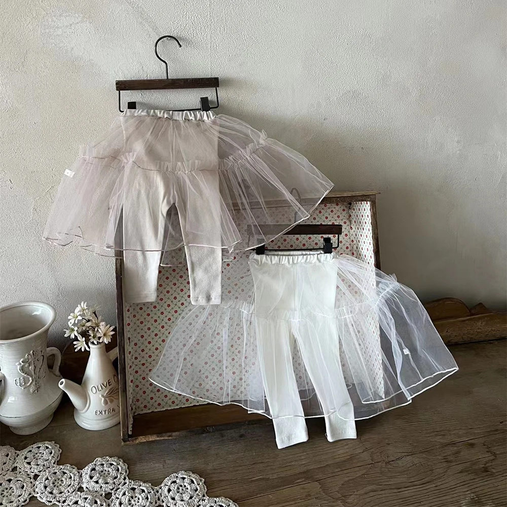 

2023 Корейская фатиновая юбка с леггинсами для маленьких девочек, белая/хаки юбка-пачка для новорожденных, осенне-зимние детские трико, брюки