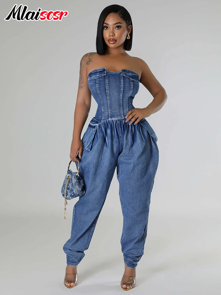 Mlaiscsr синие эластичные джинсовые комбинезоны без бретелек рукавов с карманами и