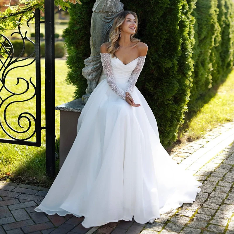 Фото Eightree Boho Свадебные платья трапециевидной формы Белое милое блестящее свадебное платье с длинными рукавами Женские свадебные бальные платья для выпускного вечера по индивидуальному заказу №1