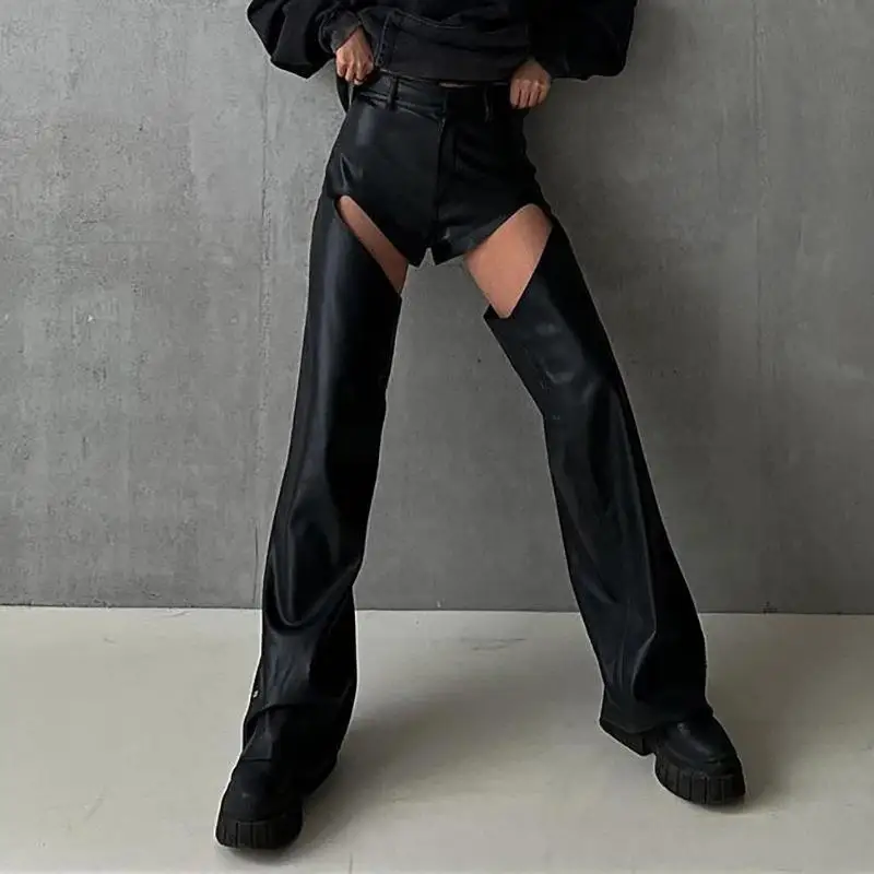 Hollow Out Sexy Pu Leather Pants Show Thin Trousers 2023 Summer High Waist Fashion Wide Leg Loose Straight Leg Pants Women