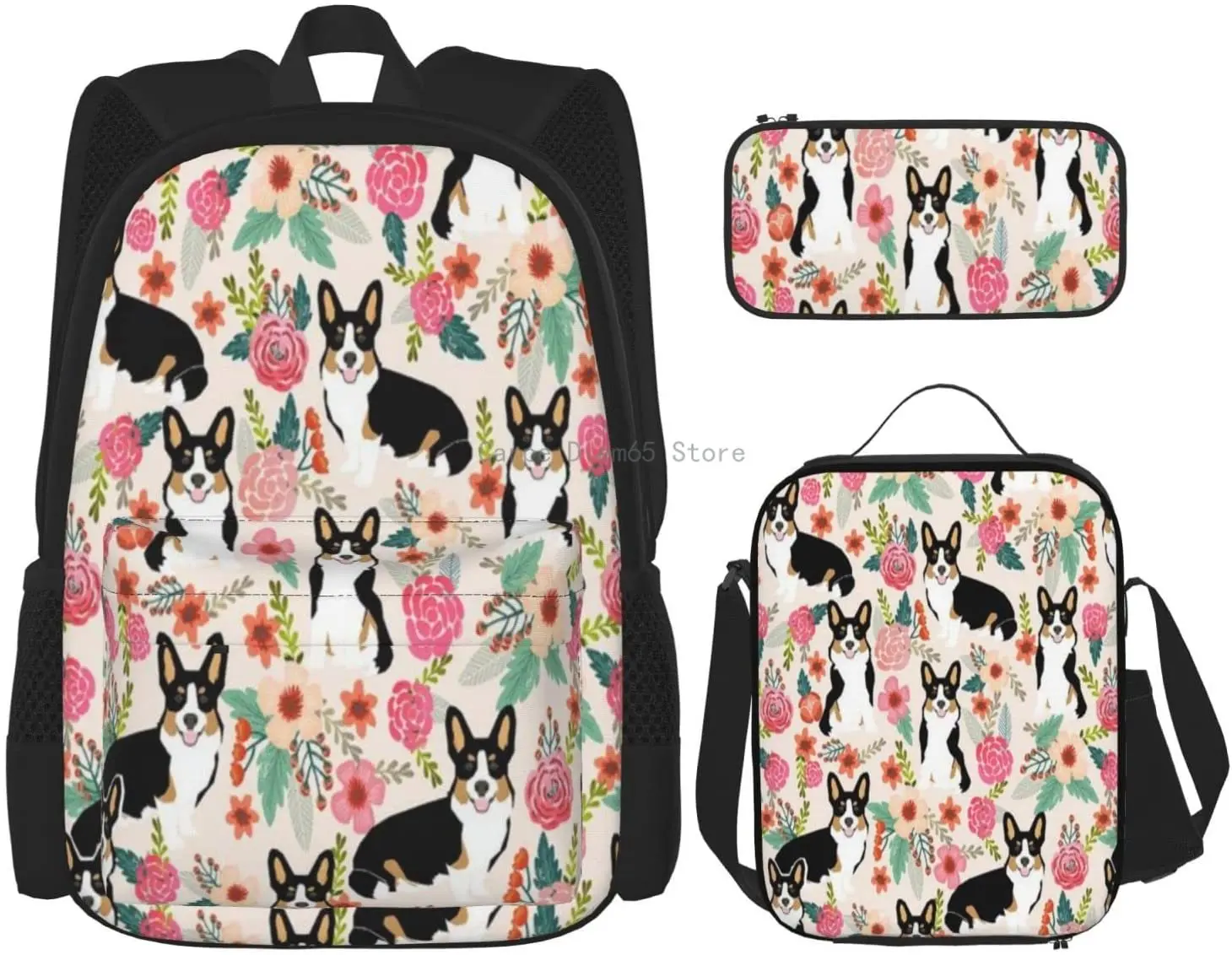 

Kids School Backpack Cute Corgi Schoolbag Travel Bag Casual Daypack Lunch Bag Pencil Case for Boys Teens Girls 3pcs Sets