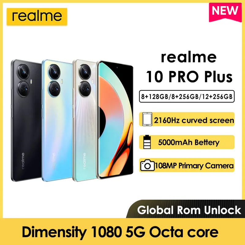 realme 10 Pro Plus 5G Cellphone 108MP Camera Dimensity 1080 Android Smartphone 6.7'' 120Hz AMOLED Curved Vision Display  67W