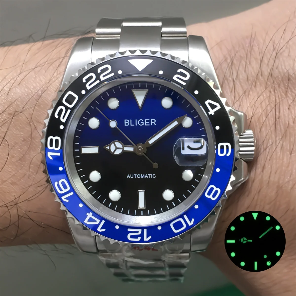 Мужские часы BLIGER 40 мм NH35 PT5000 120 с керамическим корпусом и синим черным глянцевым