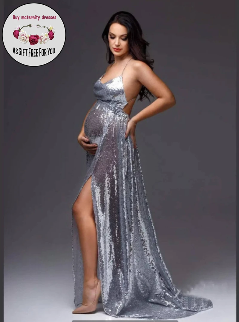 

Women Sexy Backless Maternity Dress for Photography Props Sequins Split Off Shoulders Women Fashion pregnancy Dresses