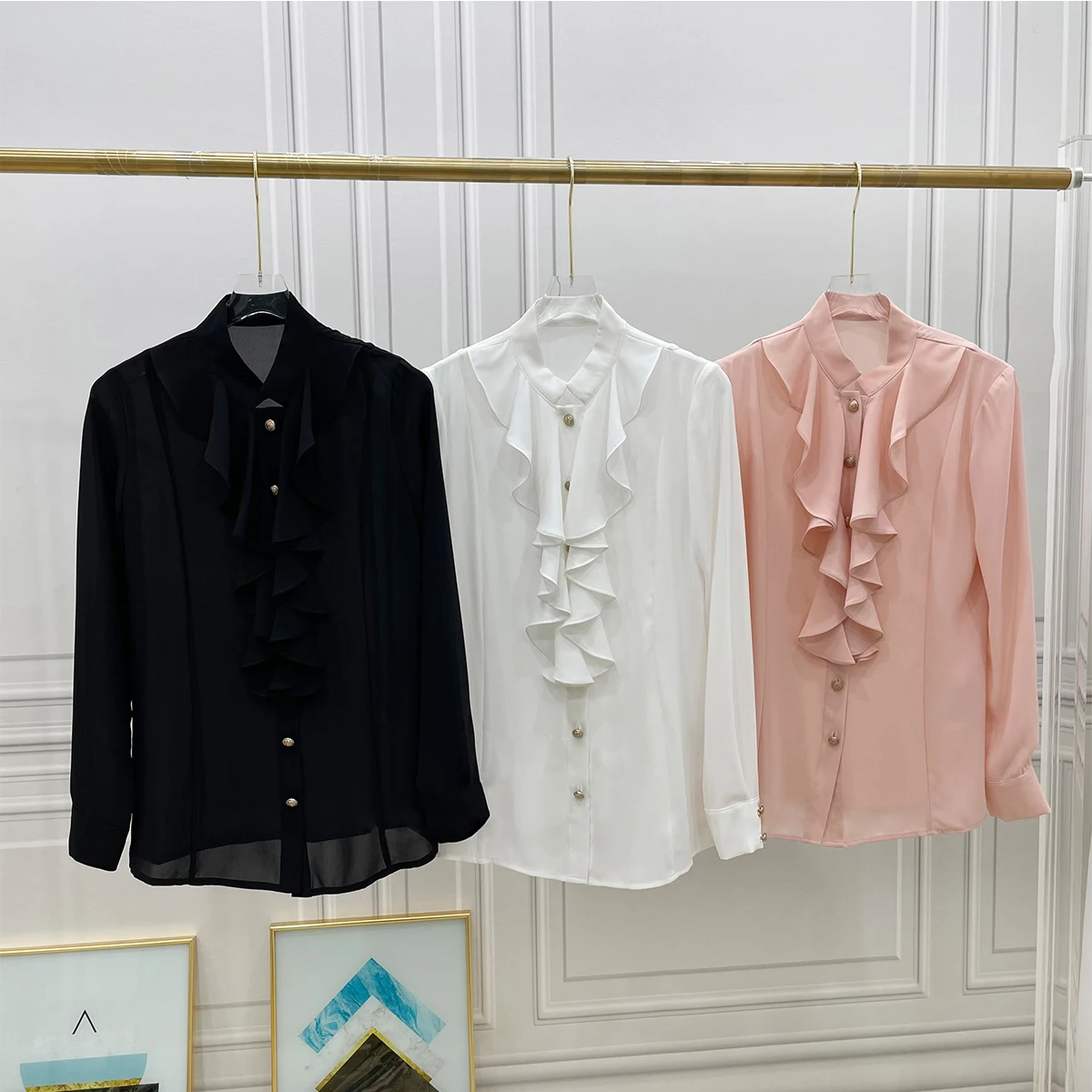 

Spring And Summer New Lotus Leaf Stand Collar Chiffon Sexy Black All-match Long-sleeved Straight Ol Shirt Top Women