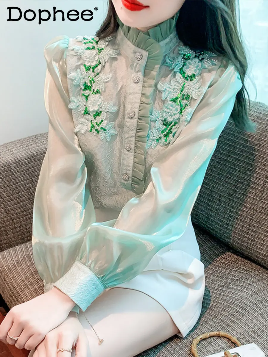 

French Socialite Ruffled Lace Chiffon Shirt Women Blouse 2023 Spring Summer High-Grade Three-Dimensional Flower Green Blusas Top