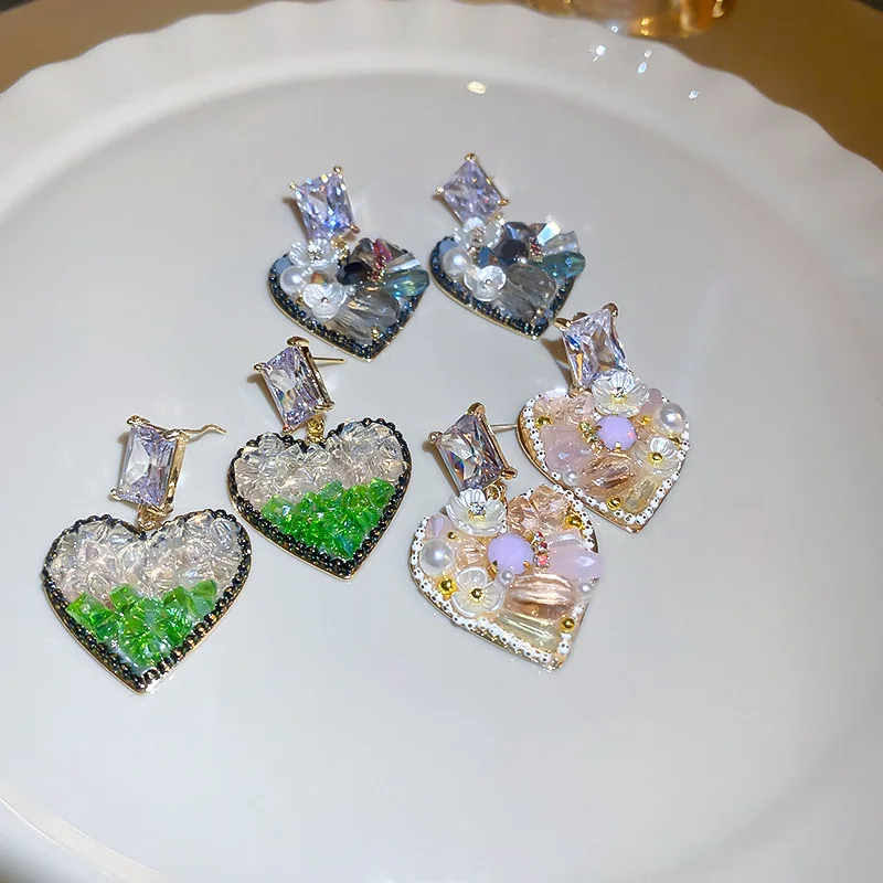 

2022 Korean New Shell Crystal Flower Heart Dangle Earrings For Women Fashion Bijoux Love Zirconia Pendientes Brincos