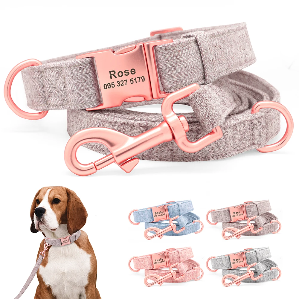 

Custom Engraved Dog Collar and Leash Durable Hemp Pet ID Collars Lead Rope With Name Buckle Plate For Small Medium Large Dogs