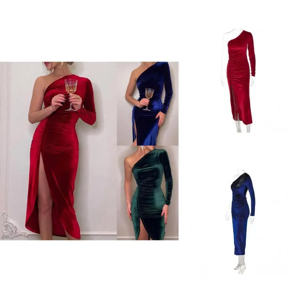 

Formal Dress Charming Women Dress High Slit Oblique Shoulder Long Dress