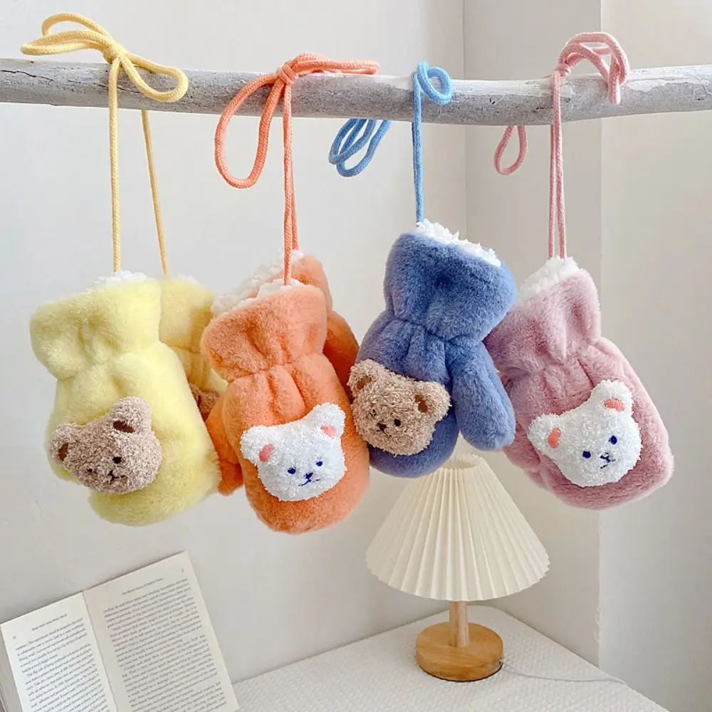 

2-6 Years Children Gloves Winter Fleece Warm Cute 3D Bear Baby Mittens Soft Tether Hanging Neck Full-finger Kawaii Gloves