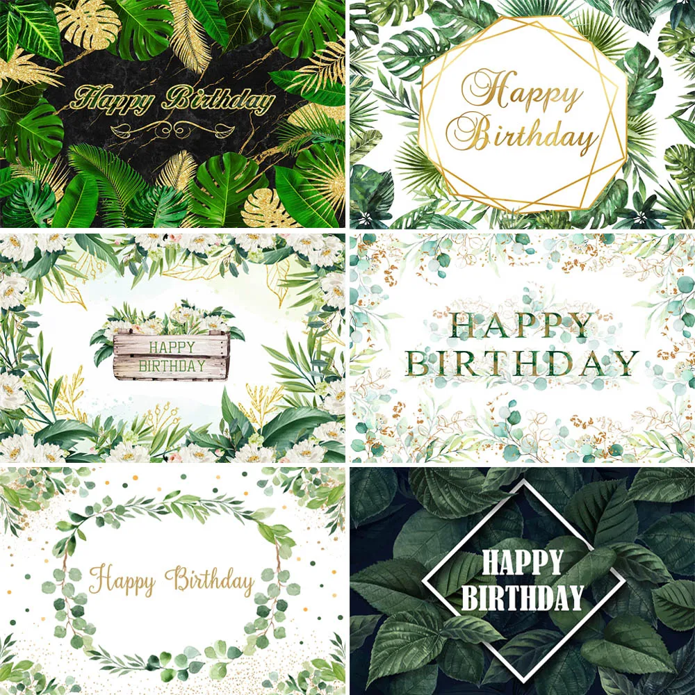 

Happy Birthday Backdrops Tropical Green Leaf Cake Table Decoration Supplies Child 1st Birthday Portrait Background Photo Studio