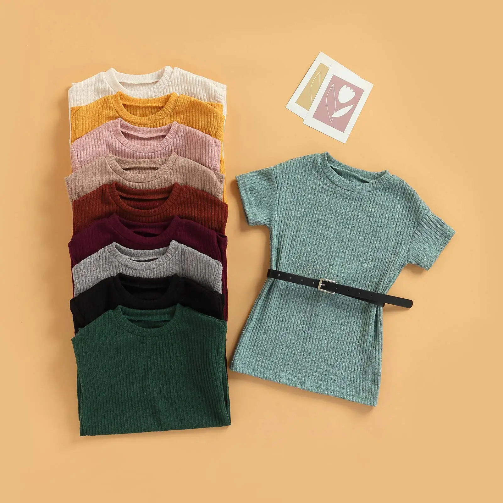 

Простое стильное платье для маленьких девочек, Однотонная юбка принцессы с круглым вырезом и коротким рукавом и поясом для малышей, лето-ос...