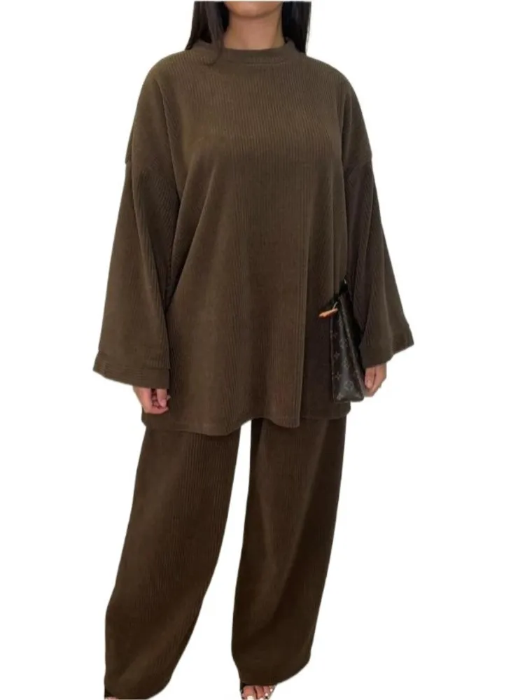 Осенне-зимний комплект из двух предметов для женщин однотонные длинные брюки