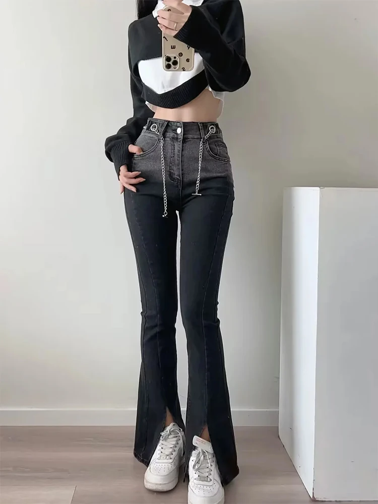 

TRAF Women Denim High Waist Casual Side Slit Zipper High Waist Pants Vintage Slim Trousers Street Fashion Pants