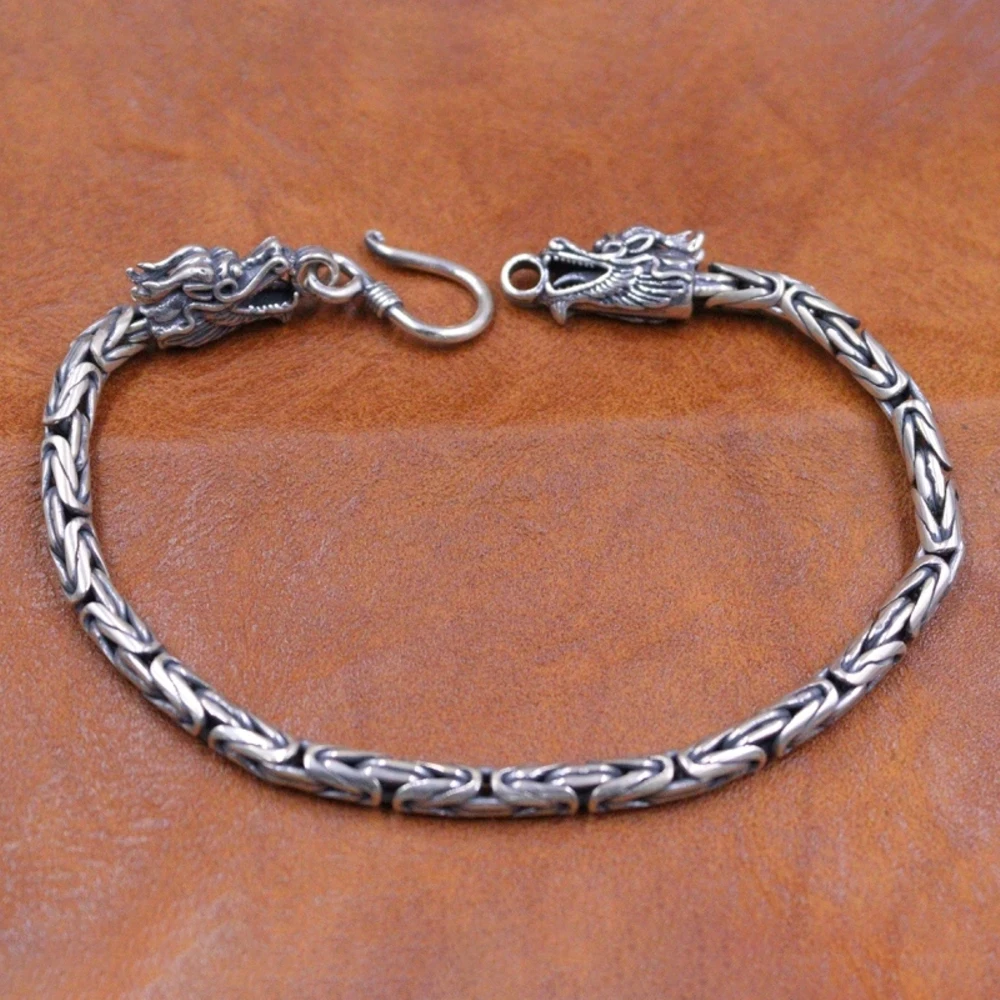 Настоящая твердая кожа серебряная цепочка мужской браслет с головой дракона